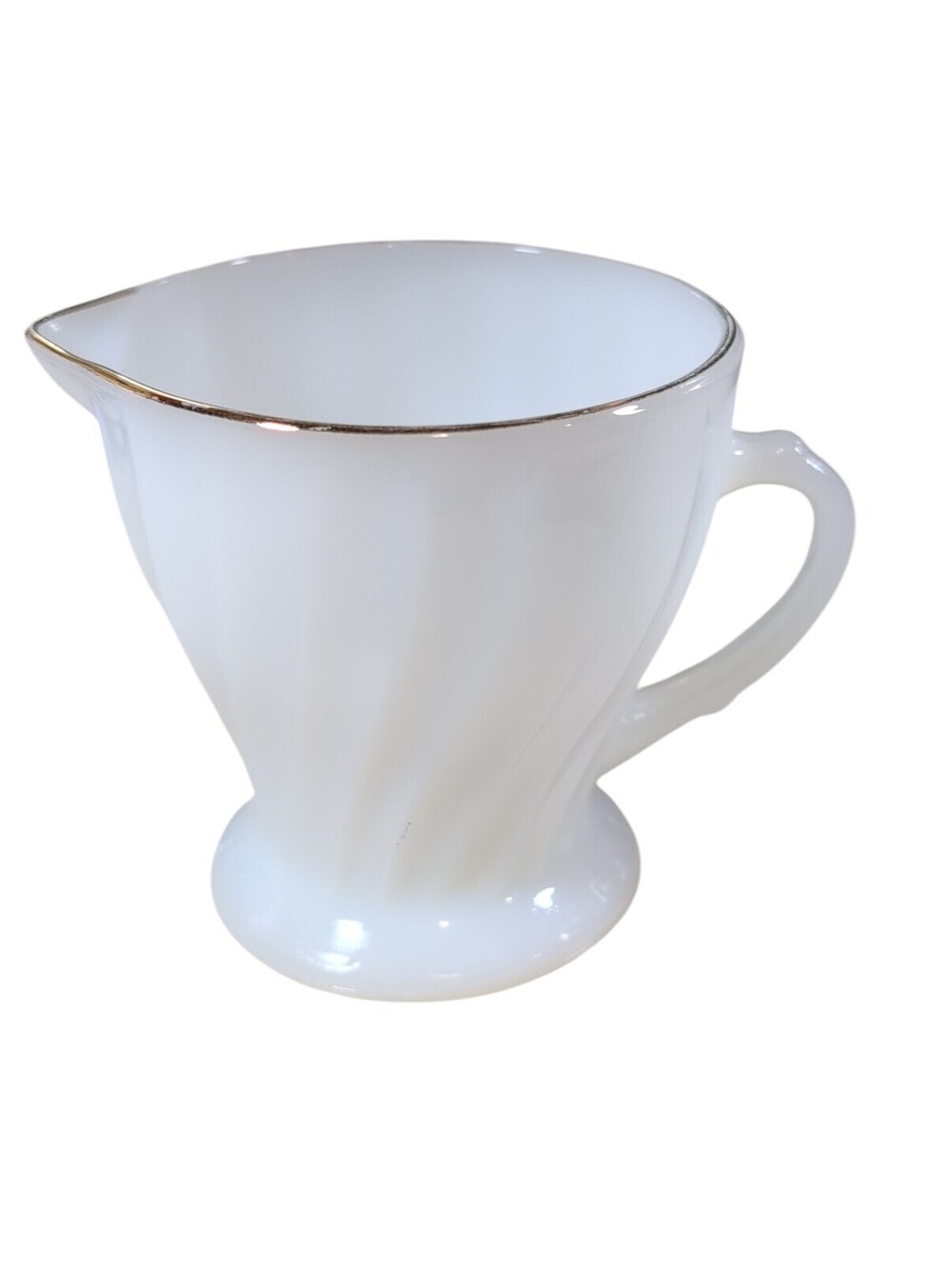Anchor Hocking Fire King Coffee Creamer White Gold Trim Swirl Milk Glass USA